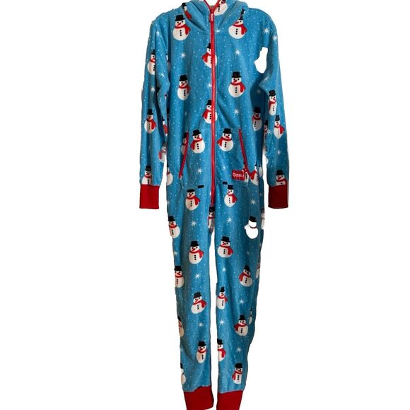 Tipsy Elves Small Adult Fleece Jumpsuit Hood Zip Holiday Snowman Christmas NWT - Picture 3 of 10